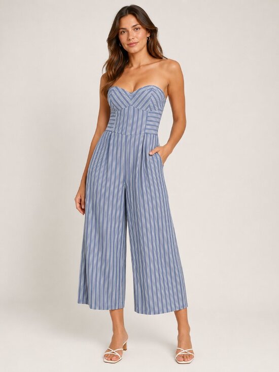 American Eagle Outfitters Pants - American Eagle Size 4 Blue White Striped Strapless Wide-Leg Jumpsuit